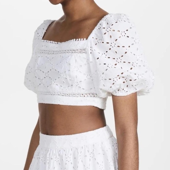 White Puff Sleeve Crop Top with Eyelet Detail - Picture 1 of 4